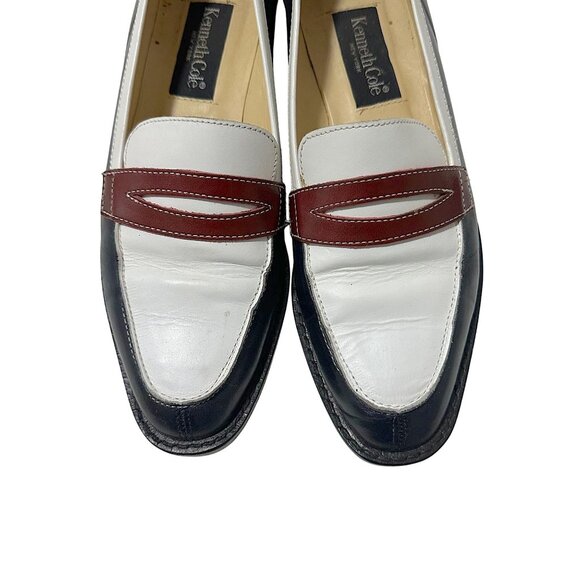 90s Kenneth Cole Spectator Penny Loafers Leather 7.5 Navy White Burgundy - Picture 9 of 9